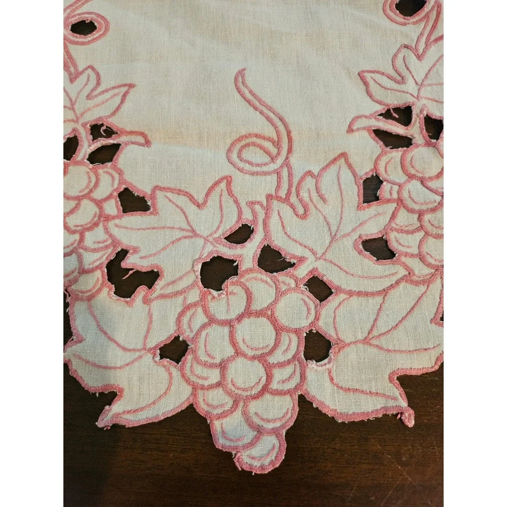 Table Runner 36in Cream Pink Grape Vine Embroidered Cutwork